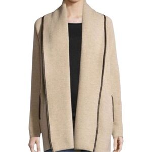 Vince Wool & Yak Blend Leather Tipped Edges Shawl Collar Open Front Cardigan